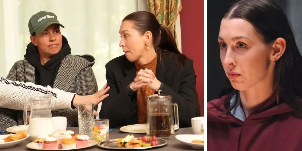 The Traitors' Alex Nation during a roundtable and conclave scene.