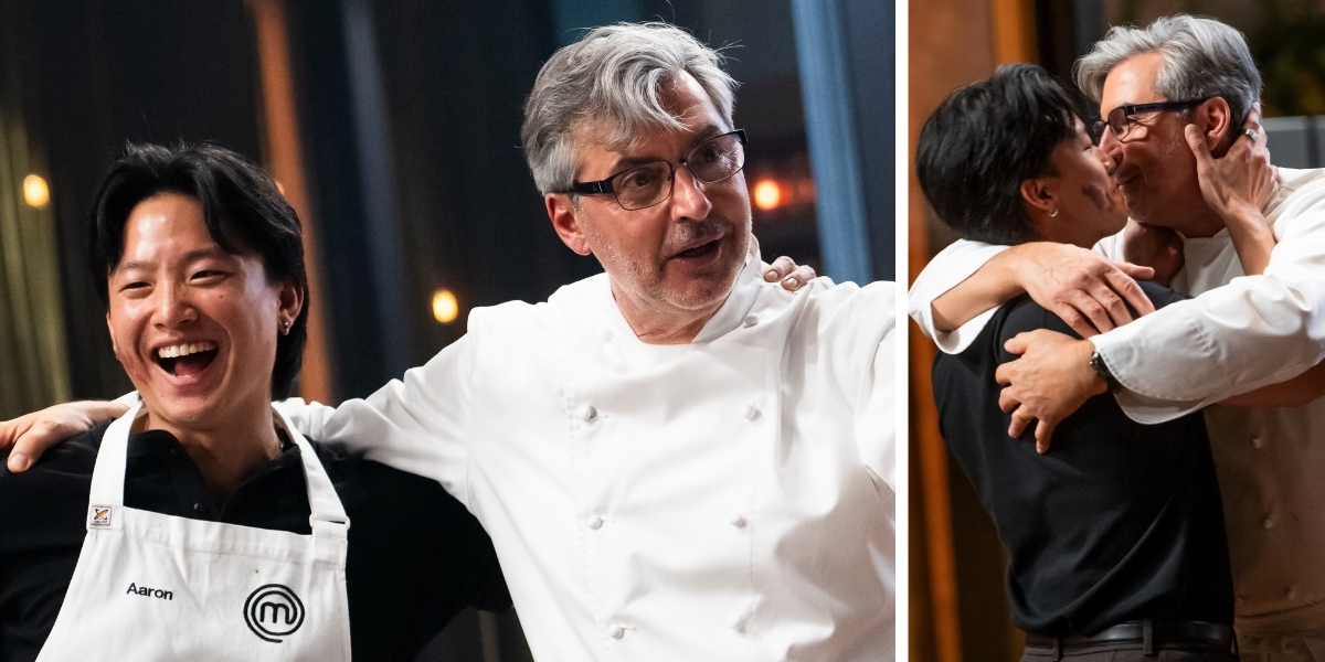 masterchef's Aaron embracing judge Jean-Christophe Novelli