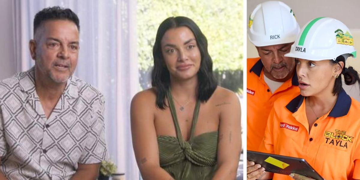 The Block 2026 contestants Rick and Tayla in confessionals and on site