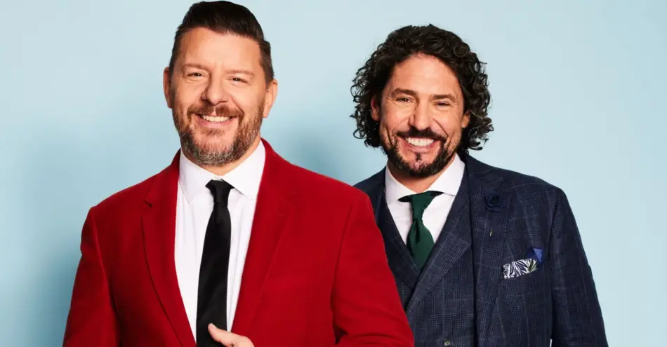 My Kitchen Rules hosts Manu and Colin.